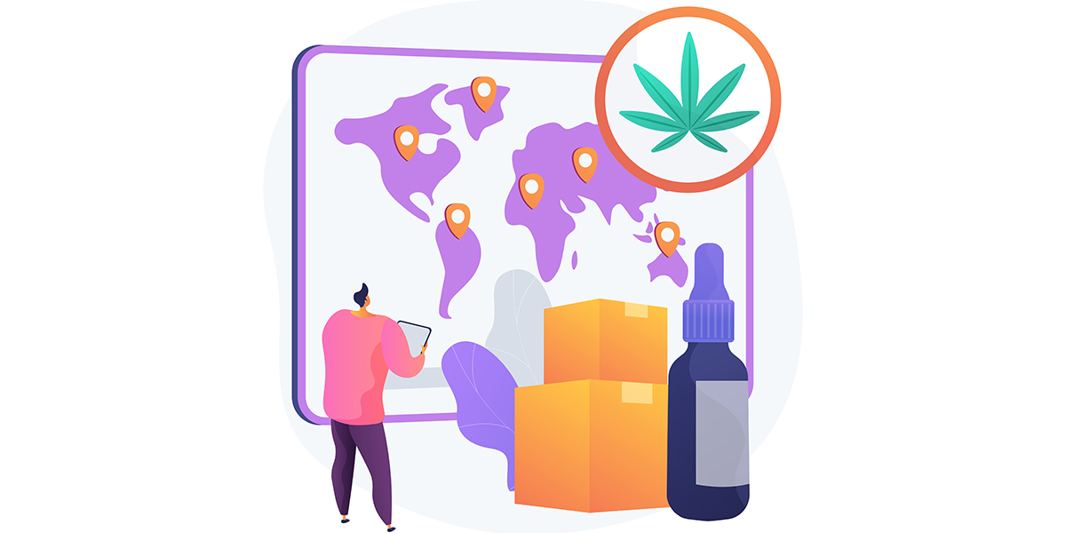 Vektorgrafik mit Weltkarte und Cannabisprodukten sowie einer Figur die ein Schriftstück in der Hand hält und sich informiert. Dazu ein Cannabisblatt als Symobolelement.