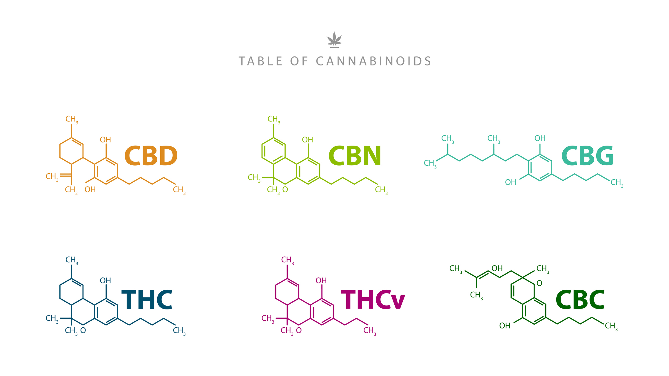 Tabelle der Cannabinoide Chemische Formeln der Cannabinoide CBD, THC, CBN, CBG, THCv und CBC