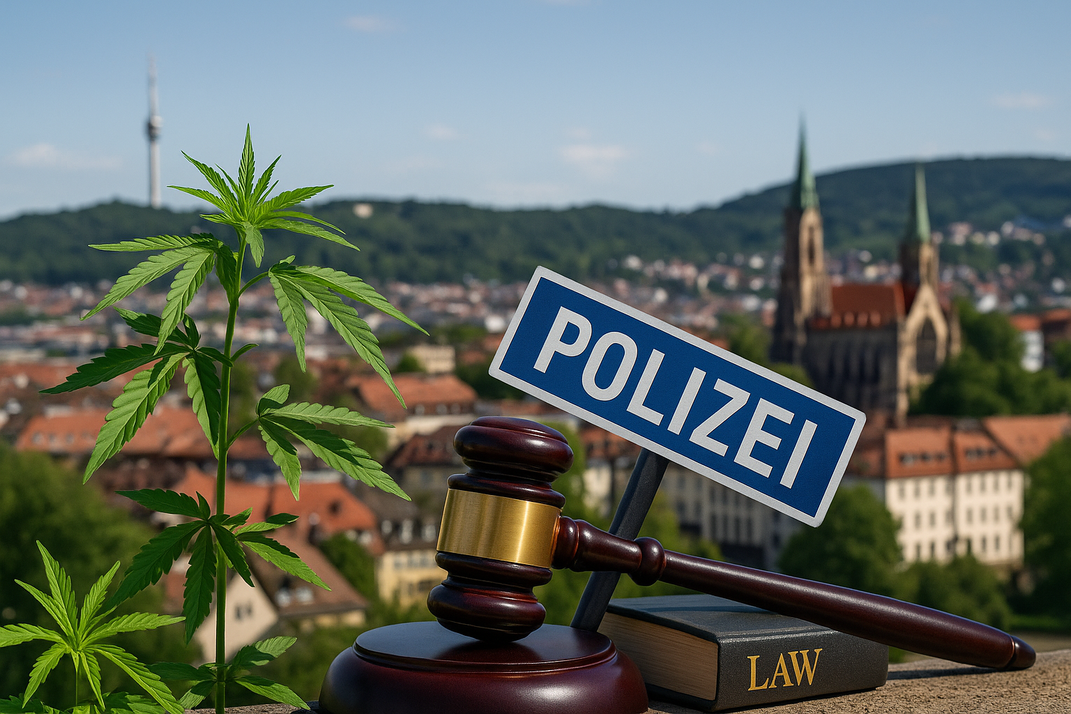 Ein Cannabisstrauch, ein Schild "Polizei" und ein Richterhämmerchen vor der Kulisse von Stuttgart