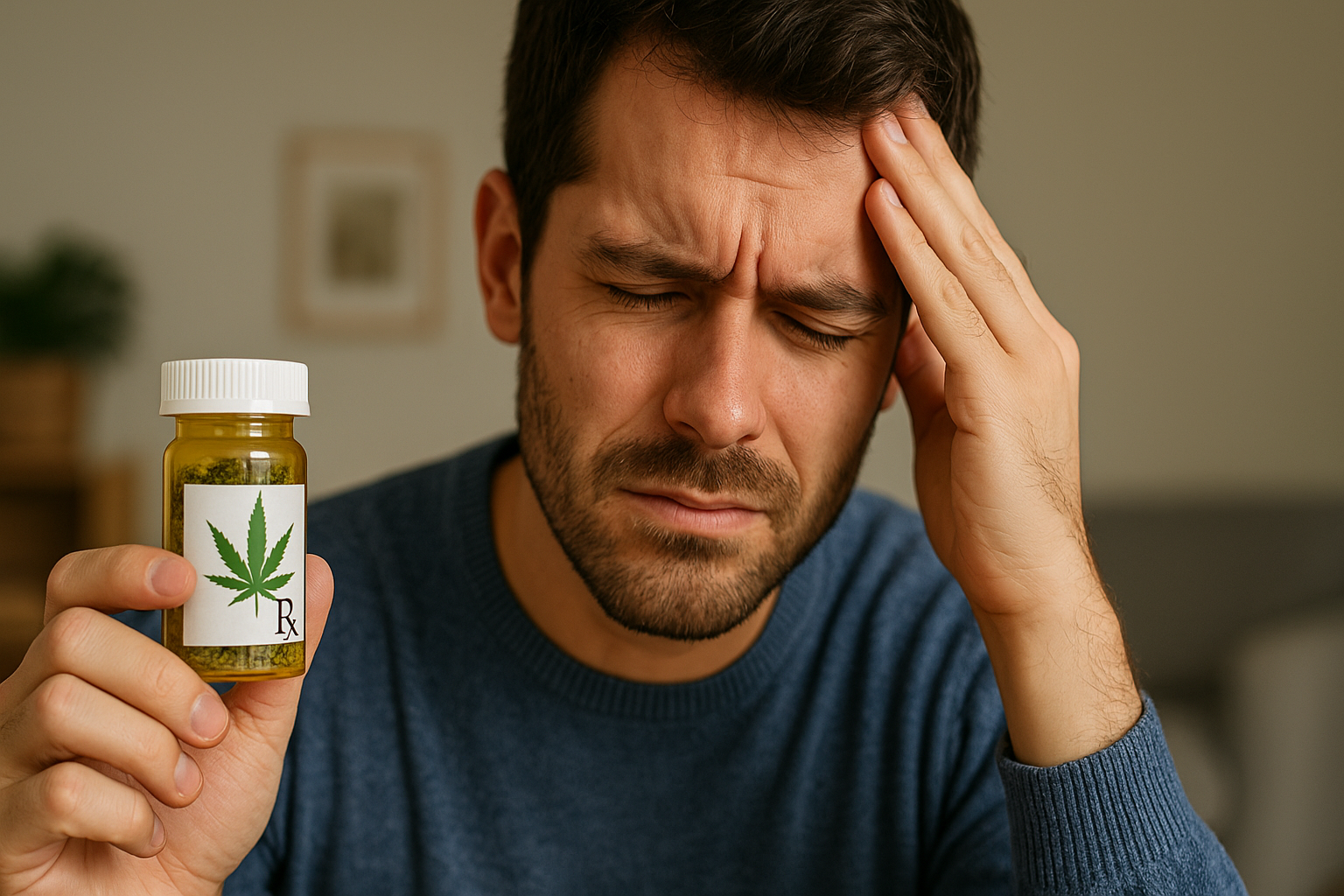 Depressiver Mann mit kleinem Fläschen Cannabis in der Hand