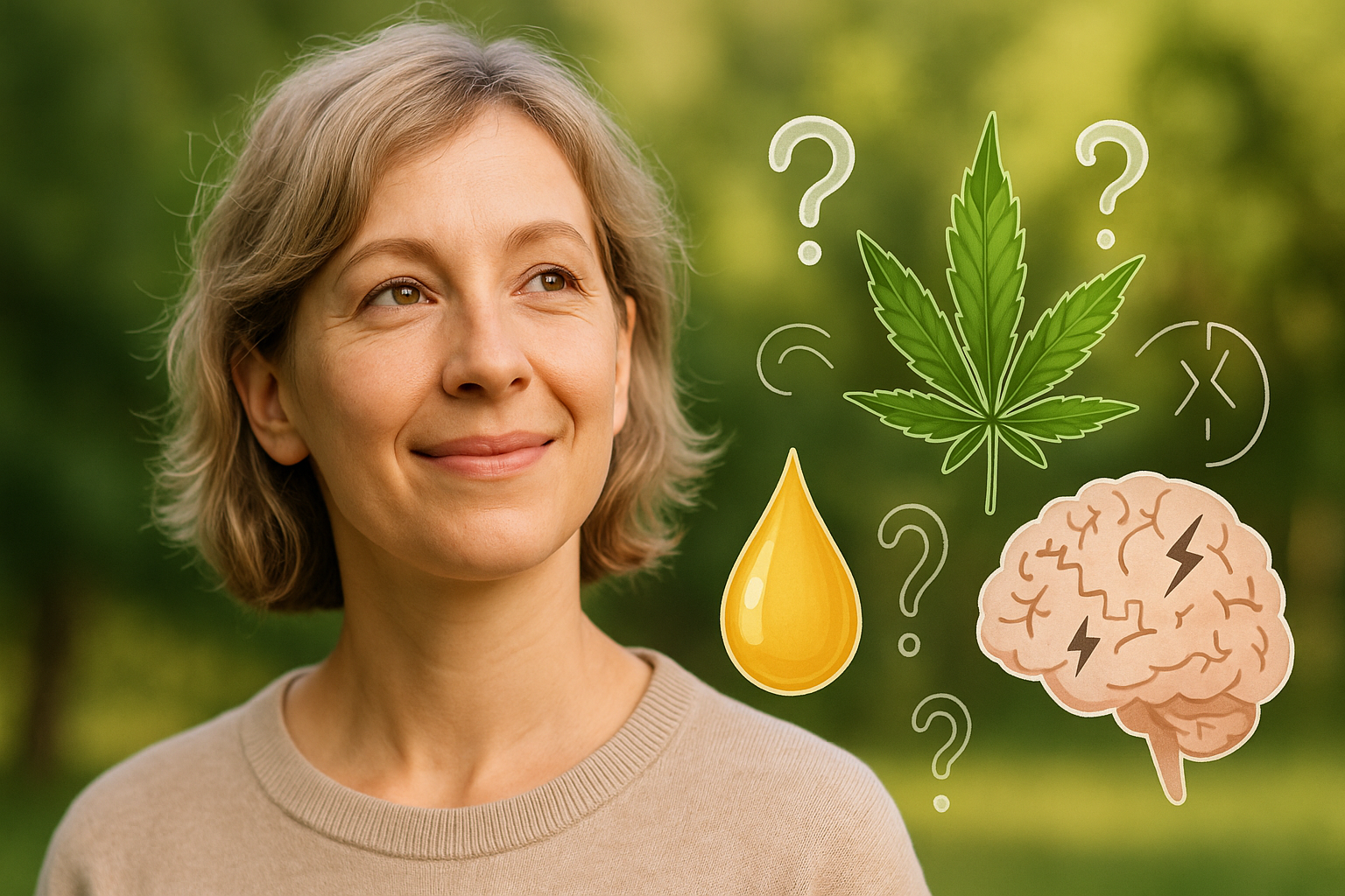 Cannabis gegen Demenz: Frau mittleren Alters umgeben von Symbolen; Hanfblatt, CB-ÖL-Tropfen, Gehirn, Fragezeichen.