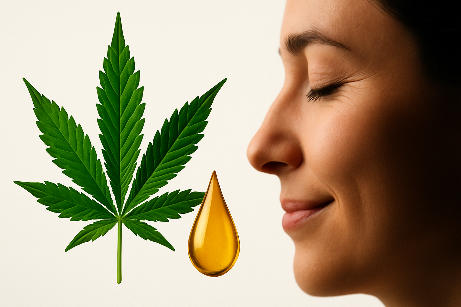 Frau im Profil mit geschlossenen Augen. Vor ihr ein Tropfen CBD-Öl, daneben ein Cannabis Blatt. Cannabis gegen Migräne
