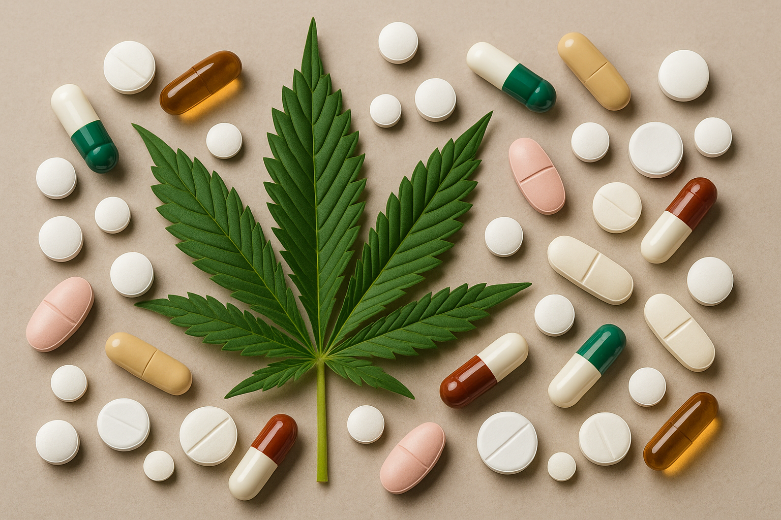 Cannabis-Wechselwirkungen – Hanfblatt umgeben von Tabletten