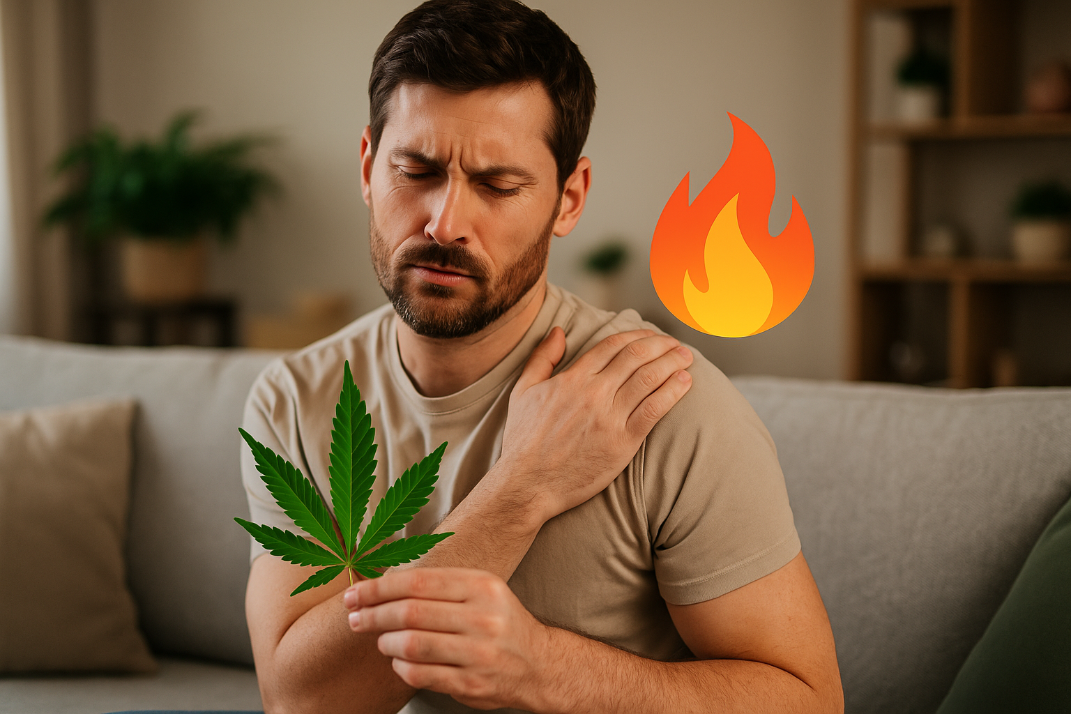 Mann auf dem Sofa sitzend hat Schulter-Schmerzen und sinniert über Cannabis gegen Entzündungen
